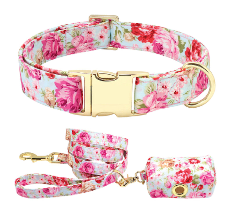 Dog Collars, leach and poop bag Floral Printed - Pink